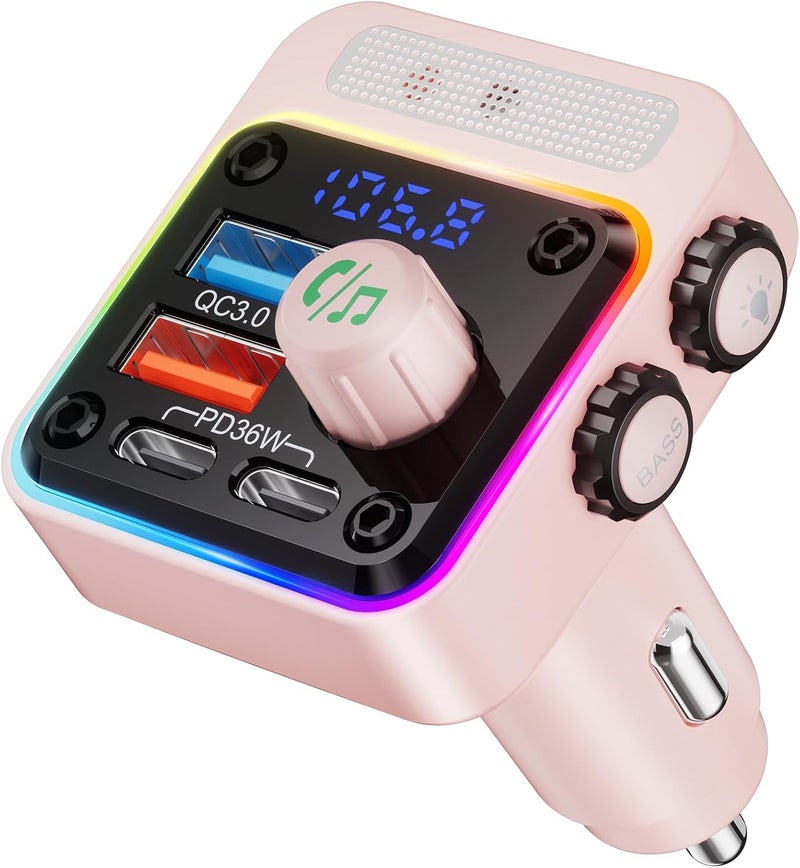 nulaxy 54W Bluetooth 5.3 Car Adapter with 4 Charging Ports [PD 36W & QC3.0 18W], Wireless Radio FM Transmitter with Deep Bass Player & 5 Colors LED Backlit, Hands-Free Calling - Pink - Image 1